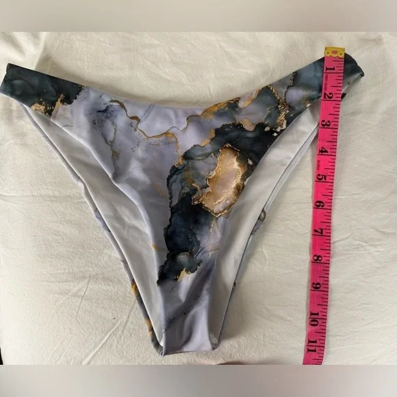 Grey and Navy Blue Marble Print High Rise Cheeky Bikini Bottoms Small - Picture 7 of 8